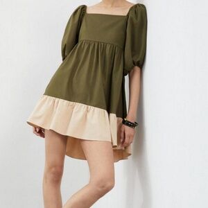 Anthro Sachin & Babi Colorblock Mini Dress Olive Puff Sleeve Women's Large